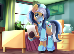 Size: 1047x763 | Tagged: safe, artist:ende26, oc, oc only, earth pony, pony, bed, colored pupils, day, eyelashes, female, freckles, hospital, indoors, interior, looking at you, mare, nurse, pot, sky, smiling, smiling at you, solo, unshorn fetlocks, window