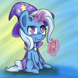 Size: 1000x1000 | Tagged: safe, artist:scarletts-fever, trixie, pony, unicorn, g4, crackers, eating, female, magic, mare, peanut butter crackers, sitting, solo, telekinesis