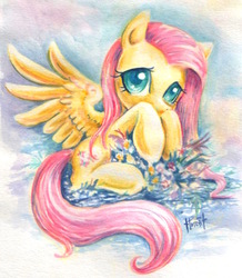 Size: 775x887 | Tagged: safe, artist:turonie, fluttershy, g4, cute, female, shyabetes, solo, traditional art