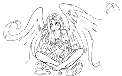 Size: 616x388 | Tagged: dead source, safe, artist:php6, artist:stoic5, angel bunny, fluttershy, human, g4, barefoot, duo, feet, humanized, lineart, monochrome, sitting, winged humanization