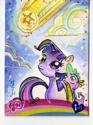 Size: 1000x1340 | Tagged: safe, artist:sara richard, idw, spike, twilight sparkle, dragon, pony, unicorn, g4, artist card, female, male, mare, traditional art