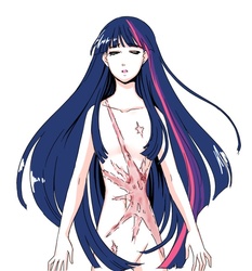 Size: 600x643 | Tagged: dead source, safe, artist:apzzang, twilight sparkle, human, g4, barbie doll anatomy, breastless female, female, humanized, scar, solo