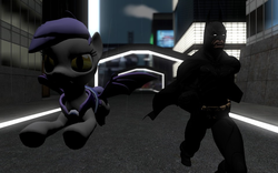 Size: 960x600 | Tagged: safe, artist:pinkie diane roosevelt phd, oc, oc only, oc:midnight blossom, bat pony, pony, 3d, batman, dc comics, gmod