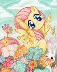 Size: 1183x1505 | Tagged: safe, artist:sara richard, idw, angel bunny, fluttershy, pegasus, pony, rabbit, g4, animal, cute, female, flower, male, mare, shyabetes, traditional art