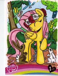 Size: 1280x1658 | Tagged: safe, artist:ponygoddess, idw, fluttershy, butterfly, rabbit, g4, female, flower, solo, traditional art