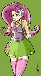 Size: 656x1217 | Tagged: safe, artist:frankaraya, fluttershy, human, equestria girls, g4, breasts, busty fluttershy, cleavage, clothes, equestria girls outfit, female, fluttershy's skirt, frown, humanized, miniskirt, skirt, socks, solo, thigh highs, thigh socks