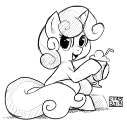 Size: 484x481 | Tagged: safe, artist:sharmie, sweetie belle, pony, unicorn, g4, cute, diasweetes, female, hoof hold, looking at you, milkshake, monochrome, sitting, smiling, solo