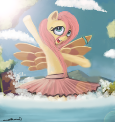 Size: 1024x1091 | Tagged: dead source, safe, artist:auroriia, fluttershy, g4, clothes, female, solo, water