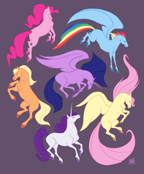 Size: 600x724 | Tagged: safe, artist:rollingrabbit, applejack, fluttershy, pinkie pie, rainbow dash, rarity, twilight sparkle, alicorn, earth pony, horse, pegasus, pony, unicorn, g4, colored hooves, eyes closed, female, mane six, mare, missing cutie mark, purple background, realistic, realistic horse legs, simple background, twilight sparkle (alicorn)