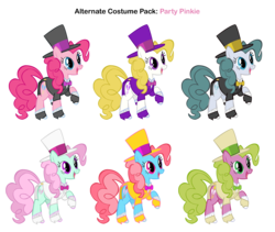 Size: 2835x2395 | Tagged: safe, artist:pika-robo, artist:star-burn, cloudy quartz, cup cake, daisy, flower wishes, minty, pinkie pie, surprise, g4, alternate clothes, clothes, hat, recolor, simple background, top hat, transparent background, tuxedo