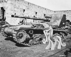 Size: 1024x818 | Tagged: safe, artist:kohlenklau, artist:voaxmasterspydre, edit, princess cadance, g4, irl, monochrome, photo, ponies in real life, semovente 90/53, tank (vehicle), world war ii