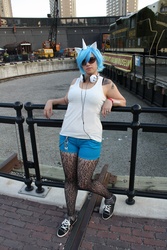 Size: 2592x3888 | Tagged: safe, artist:rizden, dj pon-3, vinyl scratch, human, piplup, g4, clothes, cosplay, fan expo canada, headphones, irl, irl human, pantyhose, photo, solo