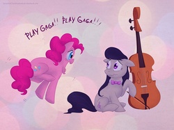 Size: 900x673 | Tagged: safe, artist:celestiathegreatest, octavia melody, pinkie pie, g4, cello, duo, excited, floppy ears, frown, hoof hold, jumping, lady gaga, musical instrument, open mouth, raised hoof, sitting, smiling, wavy mouth, yelling