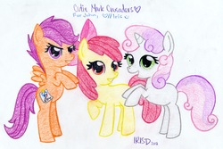 Size: 2724x1816 | Tagged: safe, artist:aya-chanluvschu, apple bloom, scootaloo, sweetie belle, g4, cutie mark crusaders, traditional art