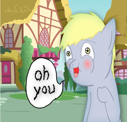 Size: 489x469 | Tagged: safe, artist:extradan, derpy hooves, oc:jerky hooves, pegasus, pony, g4, blushing, female, mare, oh you, solo, speech bubble