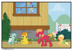 Size: 9000x6167 | Tagged: safe, artist:civwub, applejack, big macintosh, derpy hooves, fluttershy, lyra heartstrings, spitfire, earth pony, pony, g4, absurd resolution, alternate hairstyle, apple, blank flank, bush, colt, colt big macintosh, cute, female, filly, filly applejack, filly derpy, filly fluttershy, filly lyra, filly spitfire, glasses, hiding, saddle bag, school, sign, silly, silly pony, sunglasses, tongue out, vector, window, younger