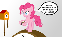 Size: 5120x3070 | Tagged: safe, artist:theevillink, pinkie pie, g4, clock, cuckoo clock, female, solo, speech bubble, watch