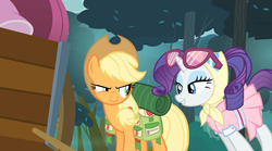 Size: 1280x714 | Tagged: safe, screencap, applejack, rarity, g4, my little pony: friendship is magic, sleepless in ponyville, camping outfit, clothes, glasses, saddle bag