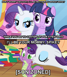 Size: 561x647 | Tagged: safe, rarity, spike, twilight sparkle, g4, book, cheek kiss, female, friendzone, image macro, kissing, male, ship:sparity, shipping, straight