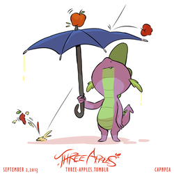 Size: 1000x1000 | Tagged: safe, artist:capnpea, spike, dragon, comic:three apples, g4, apple, looking up, male, solo, umbrella, wat