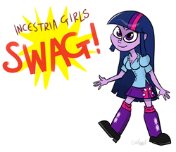 Size: 500x432 | Tagged: safe, artist:catfood-mcfly, twilight sparkle, equestria girls, g4, breasts, cleavage, clothes, female, incestria girls, shirt, skirt, solo