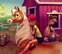 Size: 4311x3709 | Tagged: safe, artist:holivi, apple bloom, applejack, horse, human, g4, apple, barn, cottagecore, humanized, humans riding horses, riding, suspenders, working