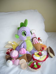 Size: 1024x1365 | Tagged: safe, artist:artjuggler, spike, g4, banana, banana sundae, build-a-bear, cookie, cupcake, desert, food, ice cream, irl, photo, plushie, solo, spike plushie, strawberry, toy