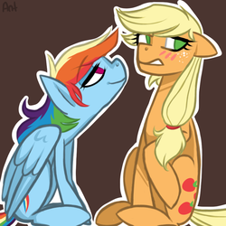 Size: 900x900 | Tagged: safe, artist:theantsden, applejack, rainbow dash, g4, bedroom eyes, blushing, female, lesbian, ship:appledash, shipping, stare