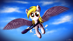 Size: 5992x3370 | Tagged: safe, artist:mrpudding701, derpy hooves, pegasus, pony, g4, absurd resolution, bag, female, flying, letter, looking at you, mail, mailbag, mailmare, mailpony, mare, sky, solo