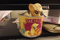 Size: 1024x683 | Tagged: safe, applejack, g4, can, figure, gift set, heinz, irl, merchandise, pasta, photo, solo, toy