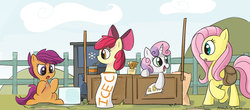 Size: 1242x545 | Tagged: safe, artist:lance, apple bloom, fluttershy, scootaloo, sweetie belle, earth pony, pegasus, pony, unicorn, g4, concession stand, cutie mark crusaders, ice box, ice cream stand, paint, paintbrush, saddle bag, stall