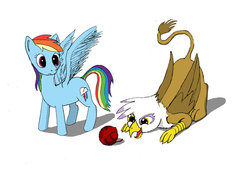 Size: 1024x744 | Tagged: safe, artist:alloco, gilda, rainbow dash, griffon, g4, yarn