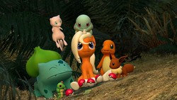 Size: 1600x900 | Tagged: safe, artist:gmodern-life, oc, oc:dreamsicle, bulbasaur, caterpie, charmander, eevee, mew, squirtle, 3d, crossover, gmod, poké ball, pokémon