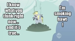 Size: 632x348 | Tagged: safe, derpy hooves, pegasus, pony, g4, cloud, derp, female, funny, image macro, mare, smoke, smoking, solo