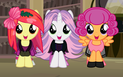 Size: 5120x3200 | Tagged: safe, artist:beavernator, apple bloom, scootaloo, sweetie belle, g4, alternate hairstyle, cosplay, crossover, cutie mark crusaders, monster high