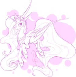 Size: 798x800 | Tagged: artist needed, source needed, safe, princess celestia, alicorn, pony, g4, abstract background, blushing, female, horn, jewelry, monochrome, regalia, sketch, smiling, solo, spread wings, wings