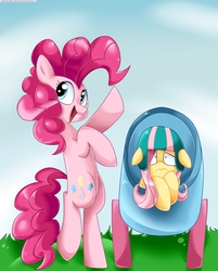 Size: 824x1024 | Tagged: safe, artist:sunomii, fluttershy, pinkie pie, earth pony, pegasus, pony, g4, bipedal, duo, duo female, female, helmet, mare, party cannon, pony cannonball, scared, wings