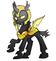 Size: 1506x1618 | Tagged: source needed, safe, artist:facerenon, changeling, armor, simple background, solo, white background, yellow changeling