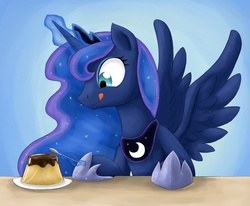 Size: 2323x1914 | Tagged: safe, artist:otakuap, princess luna, alicorn, pony, g4, female, flan, food, licking, licking lips, magic, solo, spoon, telekinesis, tongue out