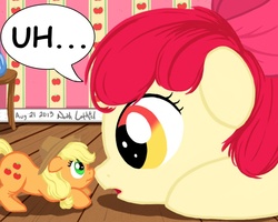 Size: 720x576 | Tagged: dead source, safe, artist:beefcrow, apple bloom, applejack, g4, appletini, micro, scrunchy face