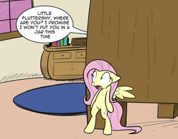 Size: 1384x1080 | Tagged: safe, artist:whatsapokemon, fluttershy, pony, g4, bipedal, dialogue, female, hiding, interior, micro, scared, solo