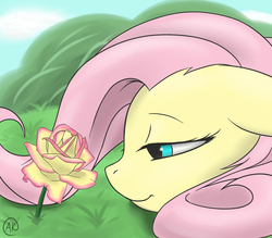 Size: 1600x1400 | Tagged: safe, artist:thezealotnightmare, fluttershy, g4, bedroom eyes, close-up, female, flower, grass, rose, smiling, solo