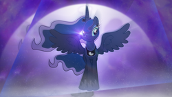 Size: 2000x1126 | Tagged: safe, artist:aelioszero, princess luna, g4, clothes, female, lens flare, shoes, solo, spread wings, vector, wallpaper