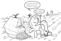 Size: 1462x1000 | Tagged: safe, artist:abronyaccount, trixie, pony, unicorn, g4, ball and chain, female, grayscale, mare, monochrome, pickaxe, rock, rock farm, scene interpretation, solo, working