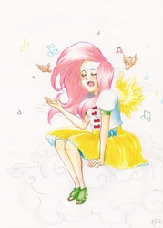 Size: 1628x2271 | Tagged: safe, artist:daisken, fluttershy, human, g4, female, humanized, singing, solo, traditional art, winged humanization