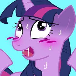 Size: 600x600 | Tagged: safe, artist:mokrain, twilight sparkle, g4, blushing, drool, drool string, female, pixiv, portrait, solo, sweat, tongue out