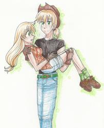 Size: 1910x2350 | Tagged: safe, artist:mikisakiiro, applejack, human, g4, applejack (male), blushing, carrying, duo, female, hatless, humanized, male, missing accessory, rule 63, selfcest, ship:applejacks, shipping, straight, traditional art