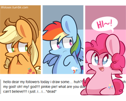 Size: 500x400 | Tagged: safe, artist:php56, applejack, pinkie pie, rainbow dash, earth pony, pegasus, pony, g4, :d, chibi, cute, fourth wall, frown, open mouth, pinkie being pinkie, pinkie logic, pinkie physics, smiling, tumblr, wide eyes