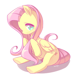 Size: 944x944 | Tagged: safe, artist:blueberry, fluttershy, pegasus, pony, g4, cute, female, looking at you, mare, pixiv, shyabetes, simple background, sitting, solo, white background