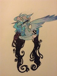 Size: 956x1280 | Tagged: safe, artist:muffinmachine, artist:shacklefunk, princess luna, alicorn, pony, g4, crying, female, floral head wreath, flower, mare, simple background, solo, traditional art, white background